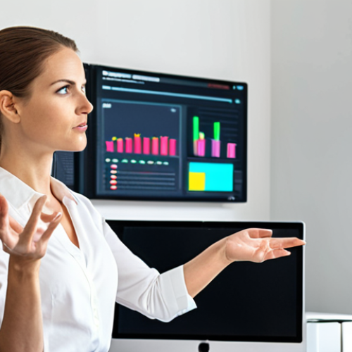 Home 14 **
A confident business analyst in a modern office setting, gesturing towards a data visualization dashboard on a large screen. The dashboard shows positive trends and quantifiable results. Focus on conveying competence, professionalism, and data-driven impact.
**