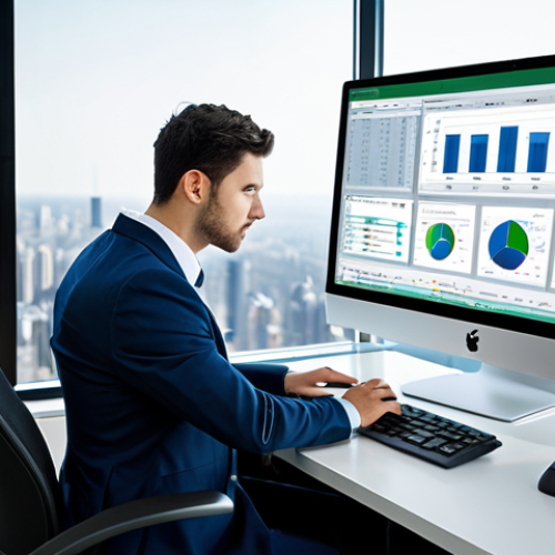 Home 7 A professional business analyst, fully clothed in a modest business suit and professional dress shirt, is sitting at a clean desk in a modern, well-lit office with a blurred cityscape background. The analyst is focused on multiple computer monitors displaying a blend of a detailed Excel spreadsheet, a SQL query window, and a vibrant, interactive data dashboard featuring various professional charts and graphs. This image emphasizes data manipulation and visualization. safe for work, appropriate content, professional dress, perfect anatomy, correct proportions, natural pose, well-formed hands, proper finger count, natural body proportions, high quality, professional photography, soft studio lighting.