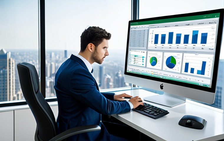 A professional business analyst, fully clothed in a modest business suit and professional dress shirt, is sitting at a clean desk in a modern, well-lit office with a blurred cityscape background. The analyst is focused on multiple computer monitors displaying a blend of a detailed Excel spreadsheet, a SQL query window, and a vibrant, interactive data dashboard featuring various professional charts and graphs. This image emphasizes data manipulation and visualization. safe for work, appropriate content, professional dress, perfect anatomy, correct proportions, natural pose, well-formed hands, proper finger count, natural body proportions, high quality, professional photography, soft studio lighting.