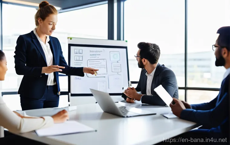 비즈니스 애널리스트 경력 전환 - **Prompt:** A dynamic and diverse team of four professionals (a female Business Analyst, a male Soft...