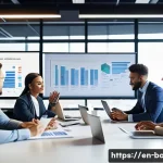 비즈니스 애널리스트 자격증 선택 - A modern office scene showing a diverse group of professional business analysts collaborating around...