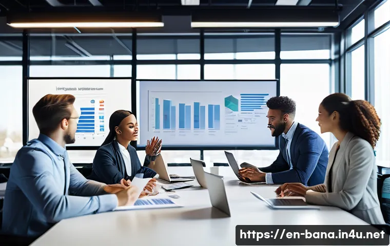비즈니스 애널리스트 자격증 선택 - A modern office scene showing a diverse group of professional business analysts collaborating around...