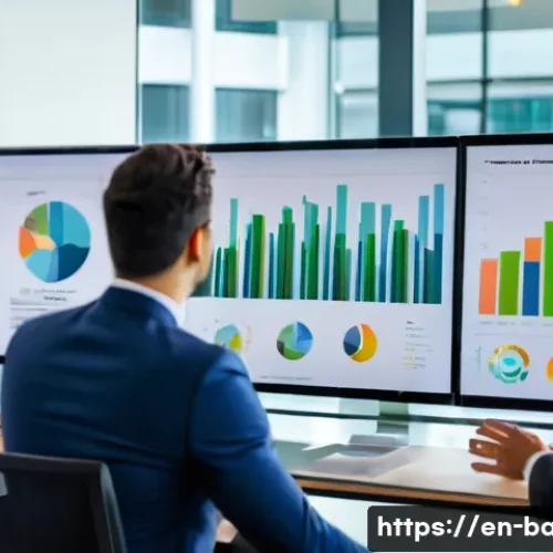 비즈니스 애널리스트 이직을 위한 준비 - A modern office setting with a diverse group of business analysts collaborating around a large digit...