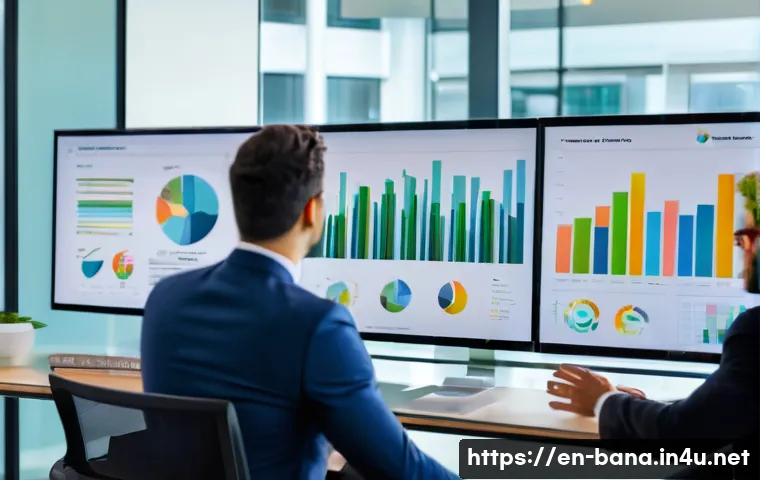 비즈니스 애널리스트 이직을 위한 준비 - A modern office setting with a diverse group of business analysts collaborating around a large digit...