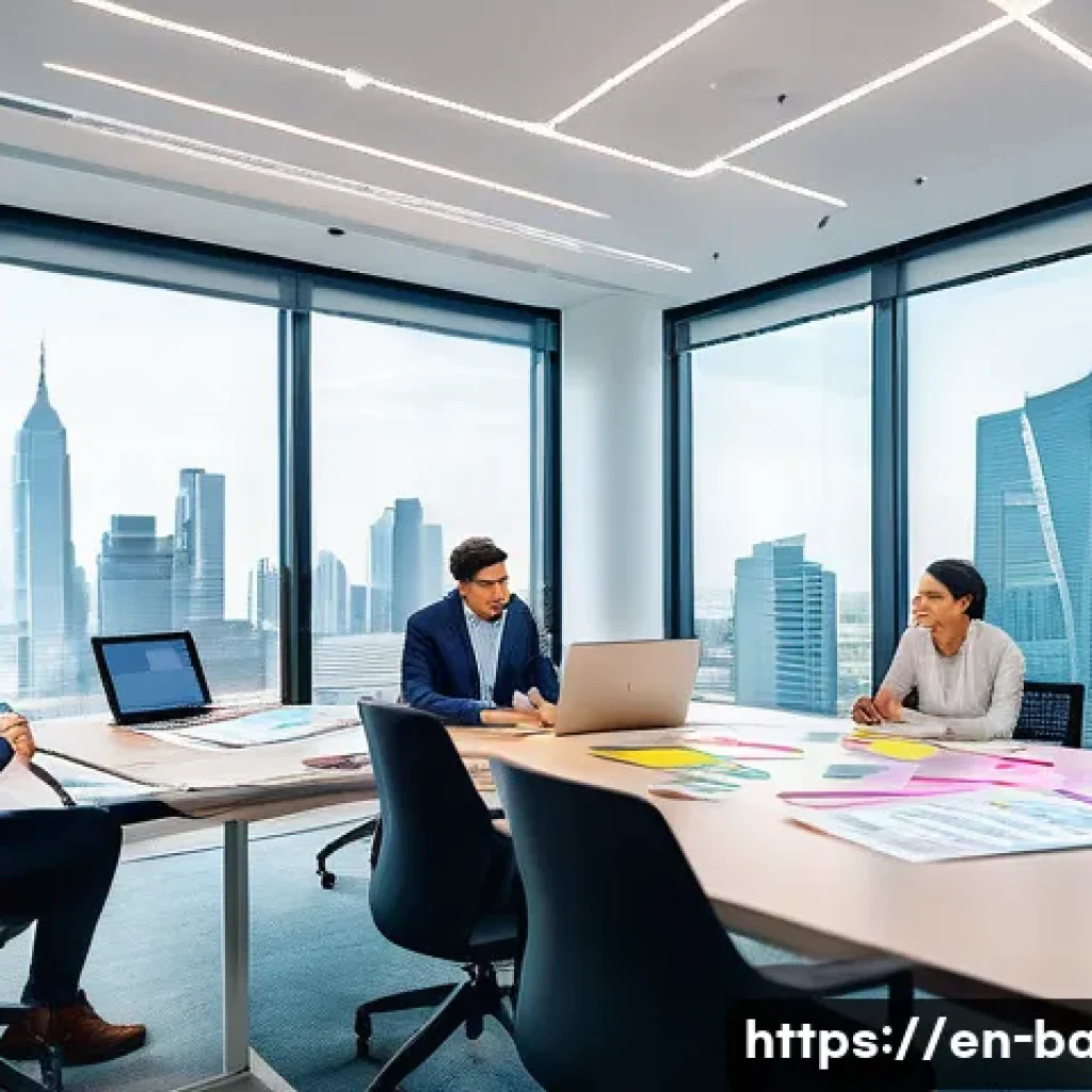 비즈니스 애널리스트 실습 자료 - A modern business analyst workspace featuring a diverse group of professionals engaged in a collabor...