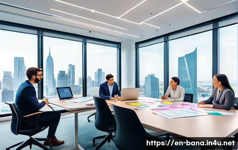 비즈니스 애널리스트 실습 자료 - A modern business analyst workspace featuring a diverse group of professionals engaged in a collabor...